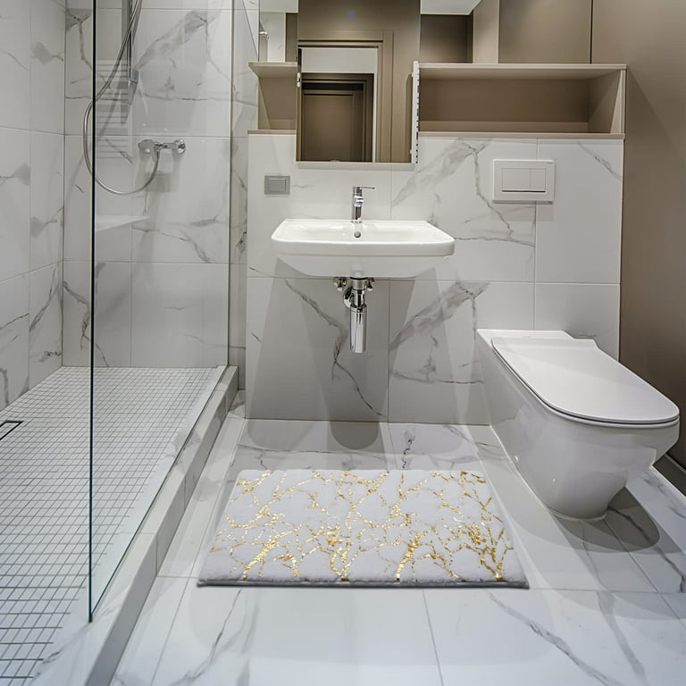 DEXDE White Bathroom Rugs Small Bath Mat Non Slip Geometric Luxury Soft  Washable Carpet for Bathroom Shower Kitchen Entryway Modern Decor 17x20