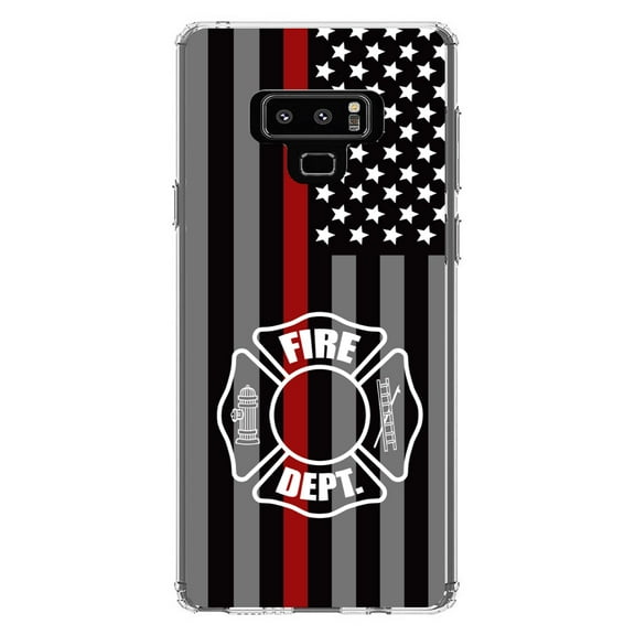 DistinctInk Clear Shockproof Hybrid Case for Samsung Galaxy Note 9 - TPU Bumper, Acrylic Back, Tempered Glass Screen Protector - FD Thin Red Line Maltese Cross - First Responders