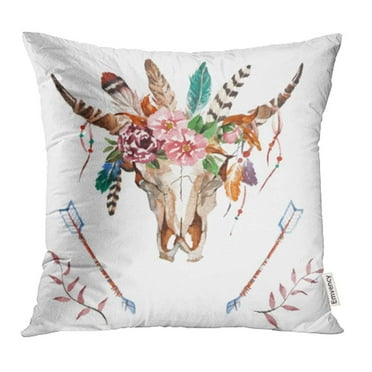 CMFUN Watercolor Bull's Head with Flowers and Feathers on White Boho Style Skull Pillow Case Pillow Cover 16x16 inch Throw Pillow Covers