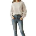 thumbnail image 3 of Women Striped Sweater Long Sleeve Fall Round Neck Pullover Knit Tops Cute Casual Oversized Y2K Clothes Solid Apricot L, 3 of 9