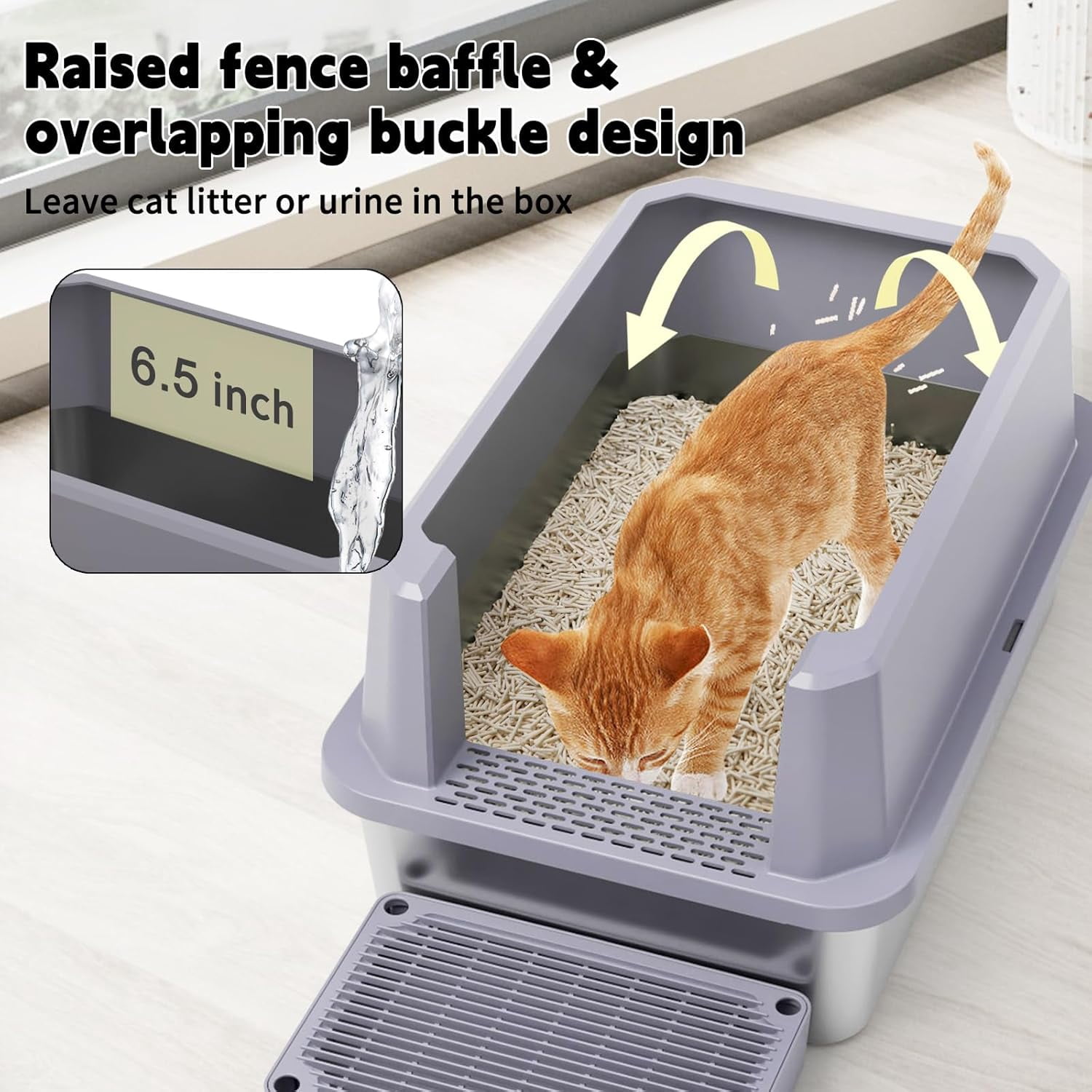 Open Cat Litter Box: Large Gray Stainless Steel Litter Pan 23.8" x 15.9" x 12.4" - High Sided Splash-Proof Easy Clean Toilet for Cats up to 20 lbs - Ideal for - Laundry Areas - Apartments