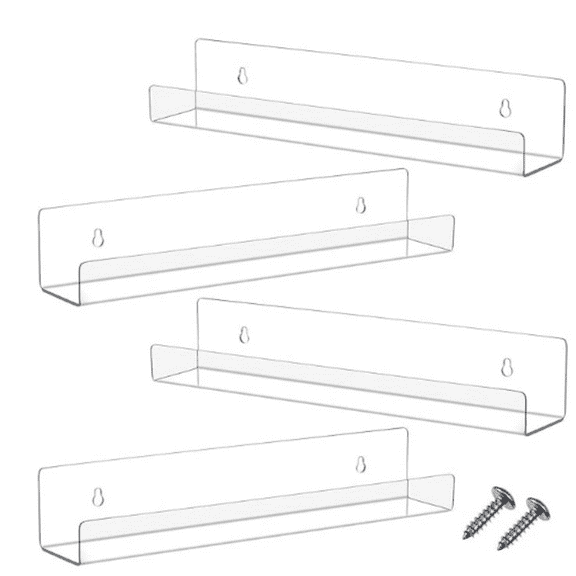 4 Packs 14 Inch Acrylic Floating Bookshelf, Wall Mounted Shelf, Ledge Book Shelf for Living Room, Office, Bedroom, Bathroom, Kitchen