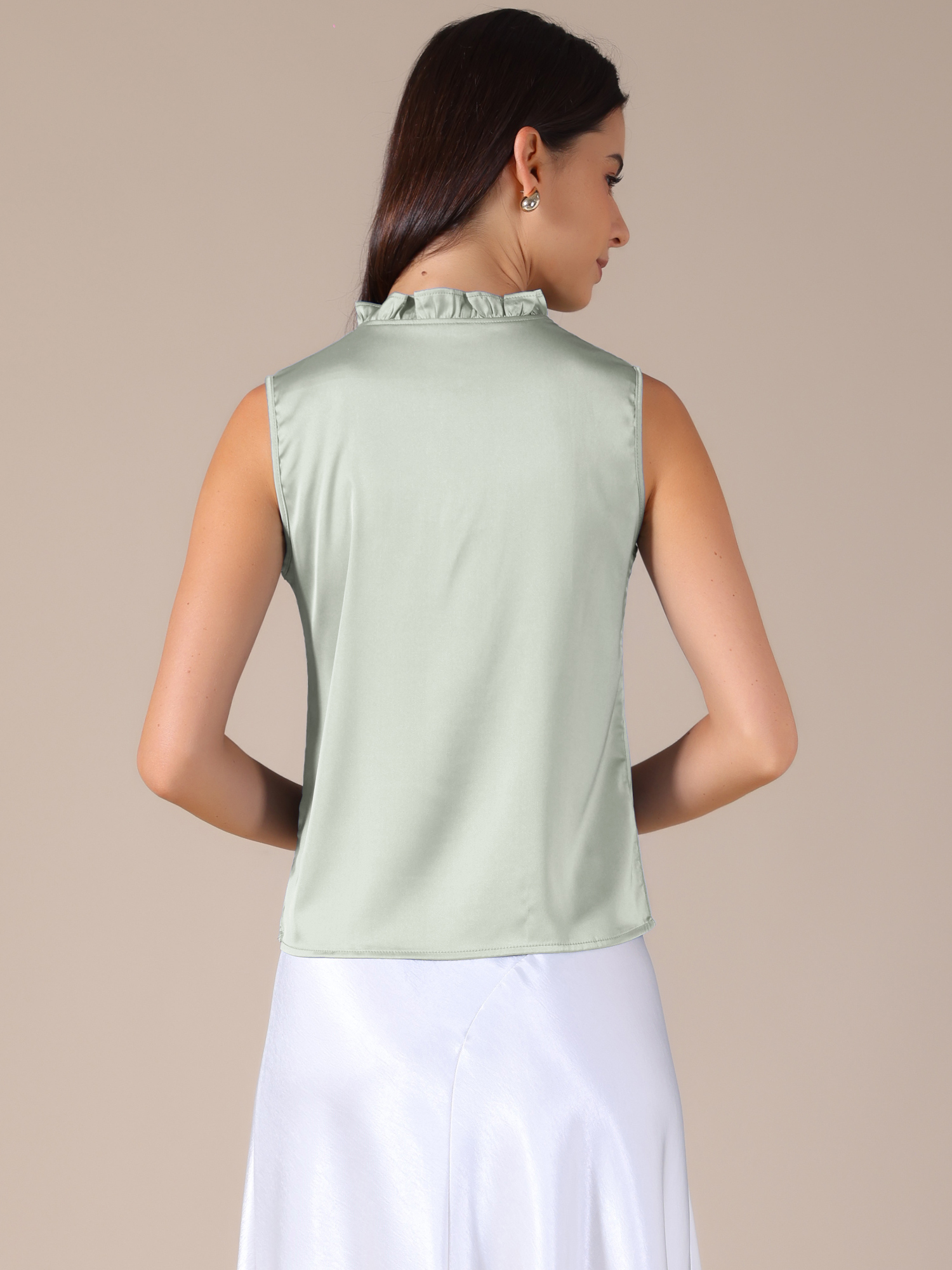 DARING DIVA Women's Satin Elegant Sleeveless One Button Office Blouse S Bean Green