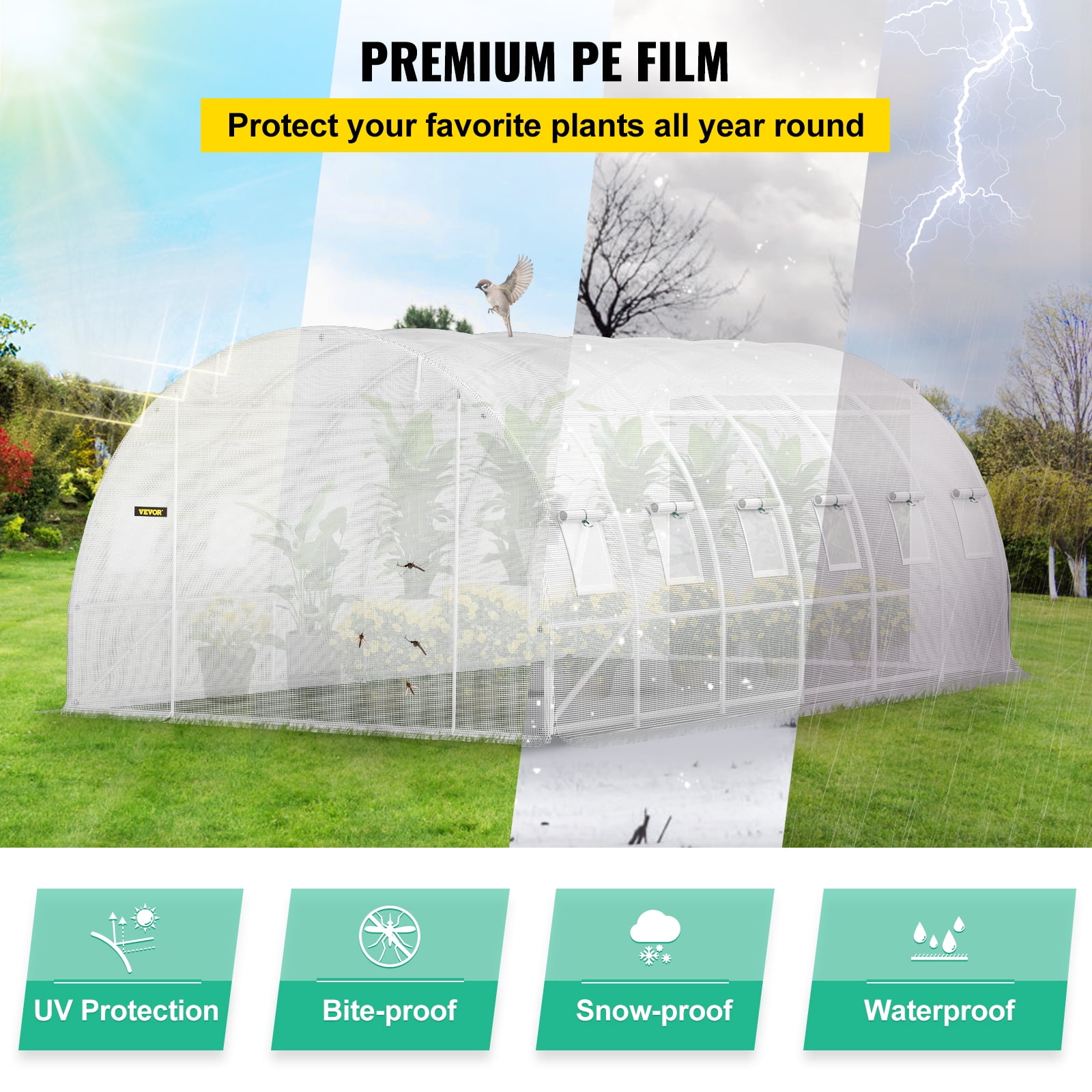 VEVORbrand Walk-in Tunnel Greenhouse, 20 x 10 x 7 ft Portable Plant Hot House w/ Galvanized Steel Hoops, 3 Top Beams, Diagonal Poles, 2 Zippered Doors & 12 Roll-up Windows, White