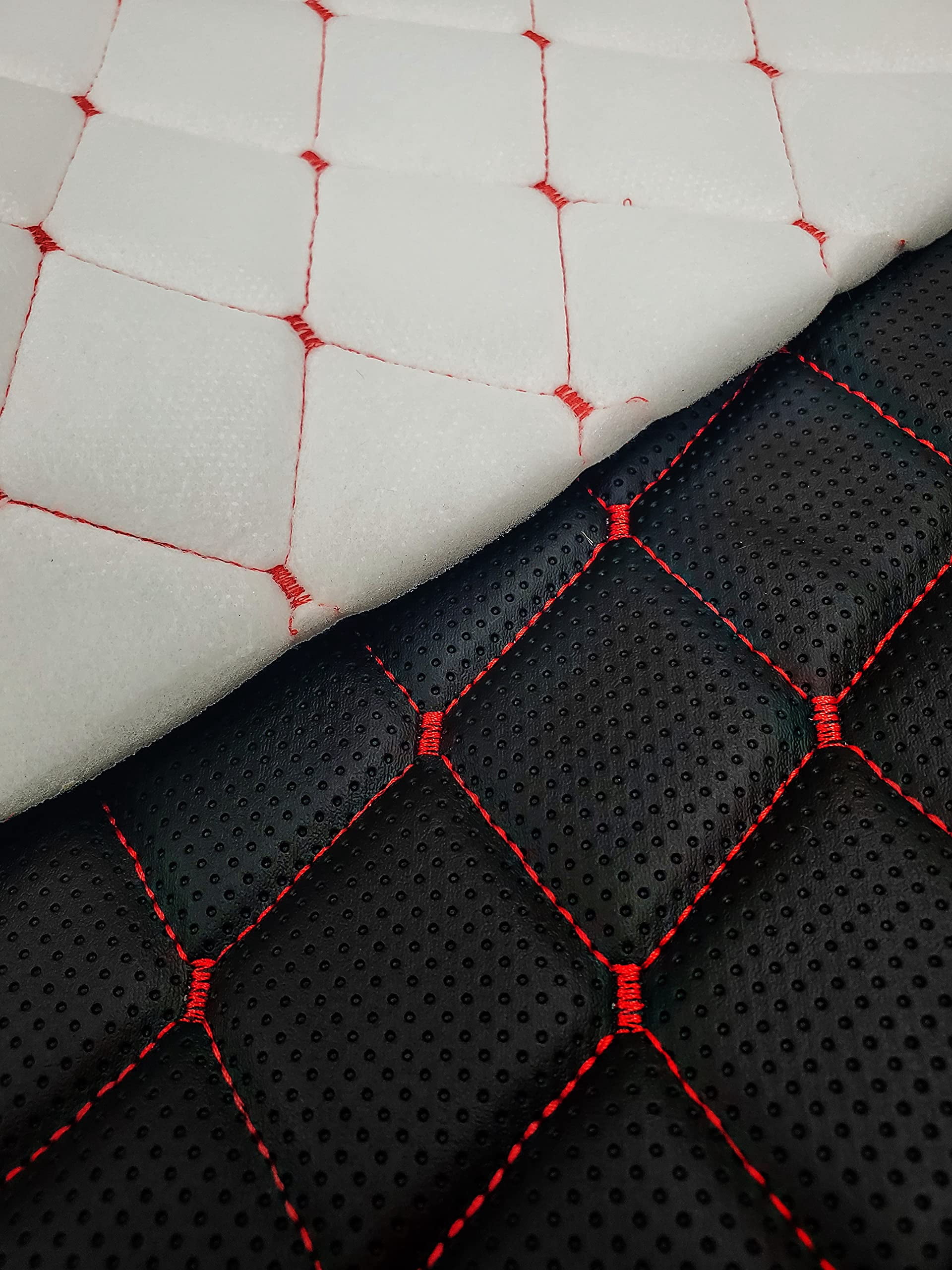 Vinyl Quilted Foam Fabric w 3/8" Foam Backing Upholstery /52" Wide/Continuous Yard/ Automotive Racing Car Interior Boat Furniture DIY Faux Leather (Black Perforated Look Hq Red Thread, Diamond 2"x3")