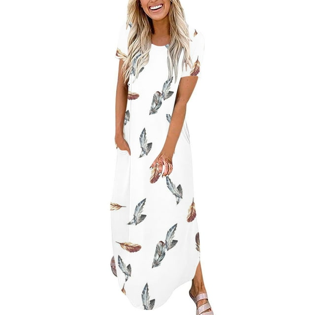 Été jusqu'à 65 % de Rabais Iumwxz Robes à Manches Courtes Col Rond pour Femmes Tunique Décontractée Robes Maxi Amples Robe à Imprimé Floral Robes d'Été Robes Élégantes pour Mariage Fête