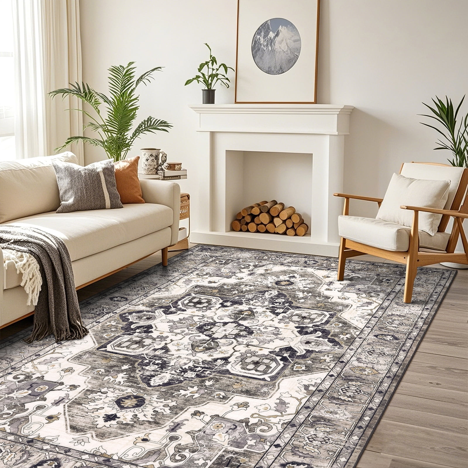 Ileading 5'x8' Boho Area Rug for Living Room, Non Slip Machine Washable Rugs Vintage Floor Carpet for Bedroom Dinning Room Kitchen, Brown