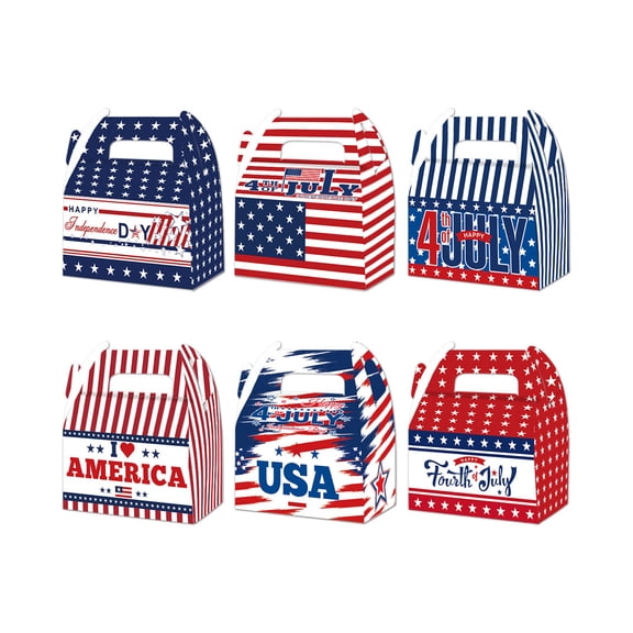 Eoozwa Patriotic Treat Box with Handle 4th of July American Flag Print Gift Boxes Independence Day Candy Goodie Boxes for Memorial Day Holiday Party Decorations 6PCS