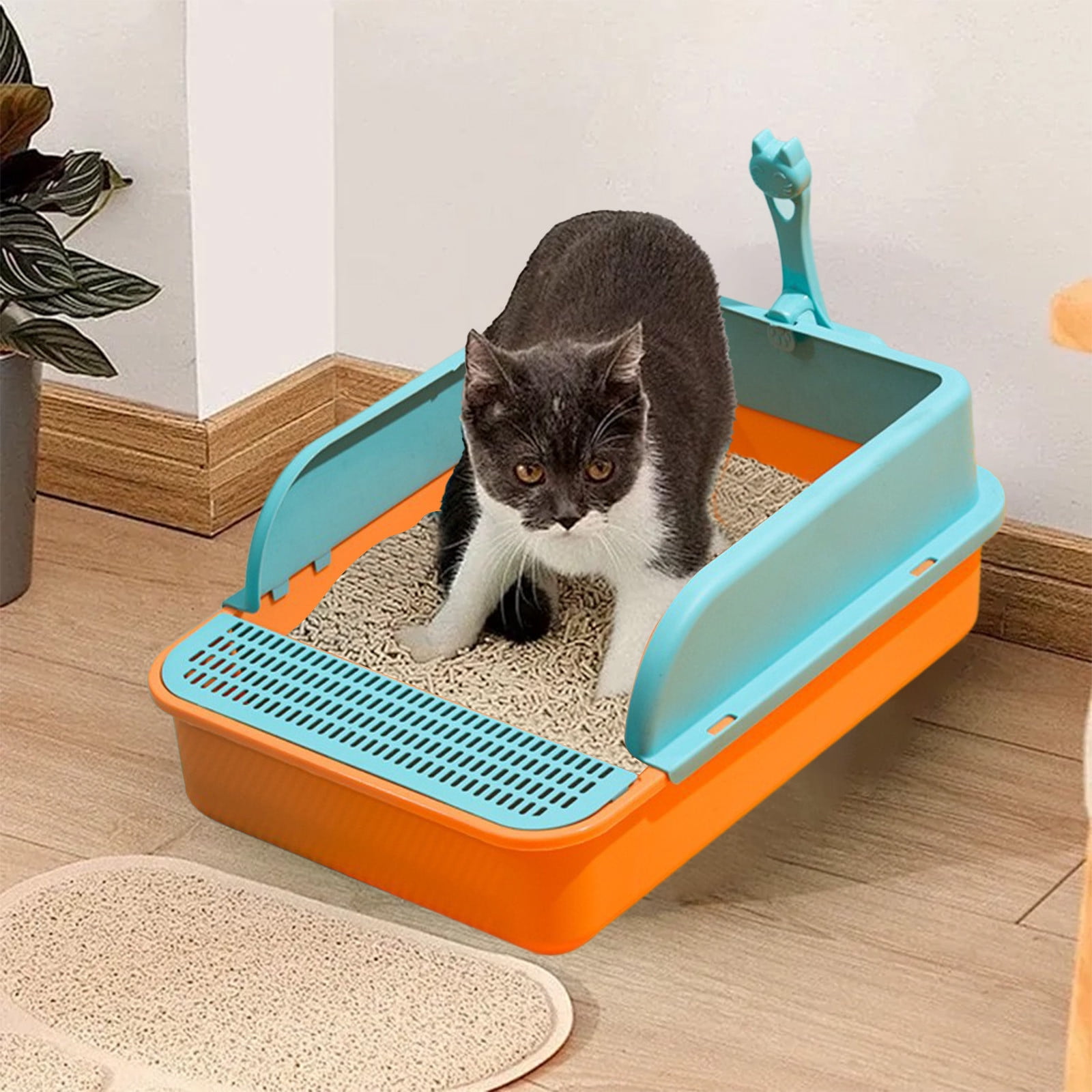 Semi Enclosed Cat Litter Box, Large Capacity Splash Proof Toilet with High Sides and Pedal, Durable Plastic Tray with Scoop for Easy Cleaning, Suitable for Kittens, Cats, Indoor and Daily Use