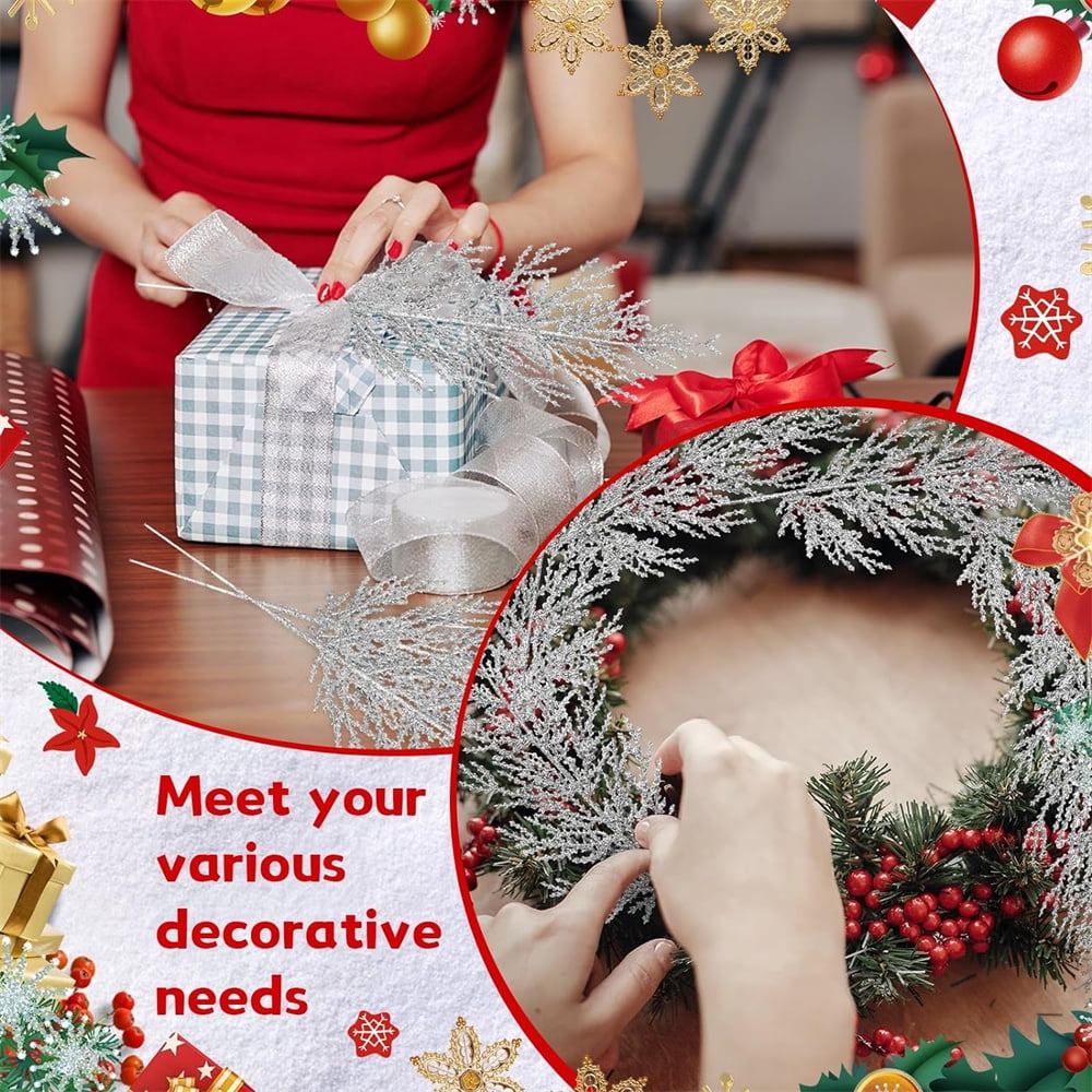 NOGIS Artificial Glitter Pine Tree Twig Ornaments, 24 Pcs Christmas Artificial Pine Branches Faux Cedar Picks Decorative Sticks Glittery Stems for Vase Fillers Holiday Wedding Decor (Silver)