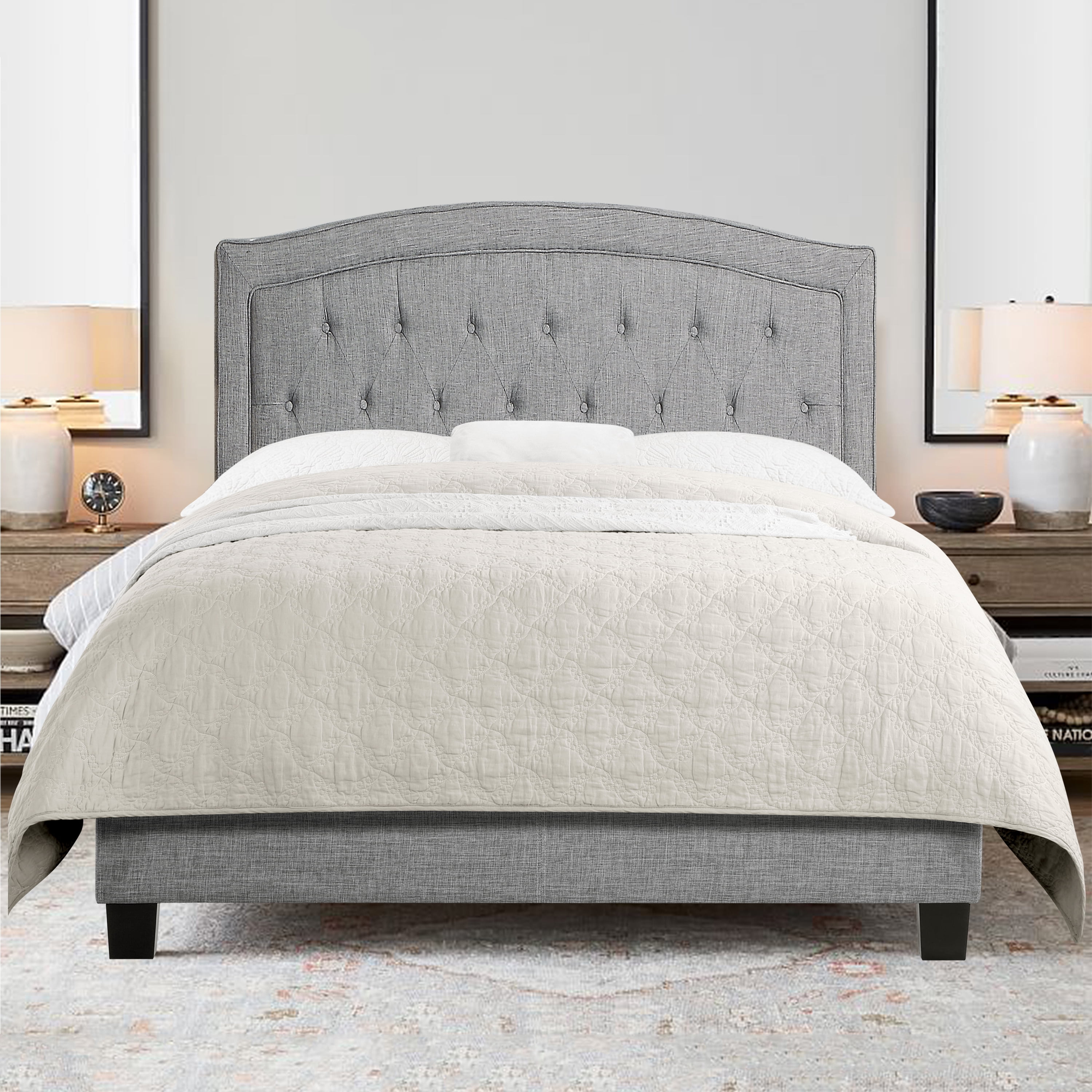 BSHTI Modern Full Size Platform Bed Frame with Upholstered Headboard and wood slats support for Livingroom, Box Spring Required