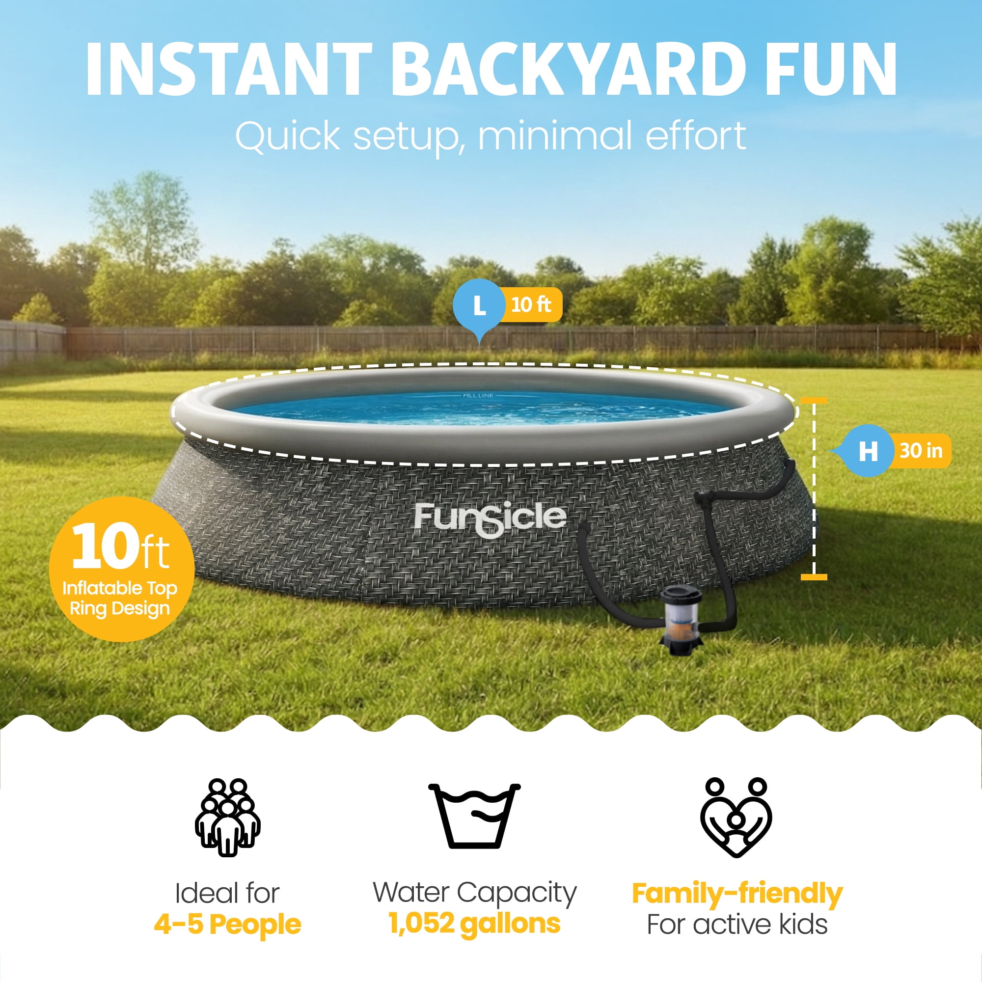 Funsicle Quickset 10’ x 30” Round Inflatable Top Ring Above Ground Swimming Pool Set