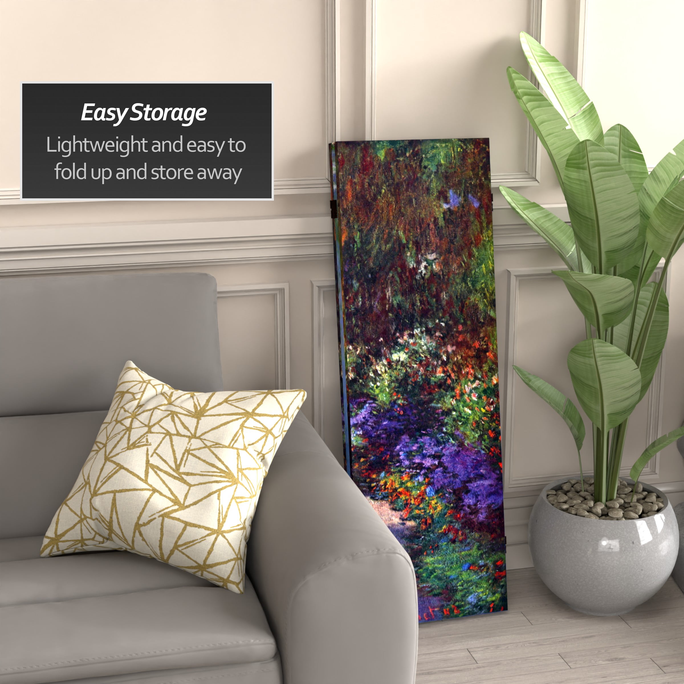 Red Lantern 4 ft. Short Monet Canvas Folding Screen - Lilies/Garden at Giverny