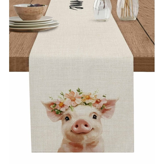 Pig Flower Garland Burlap Cotton Table Runner 13x36 Inches Short, Farm Animal Cottagecore Blooms Floral Farmhouse Table Runners, Outdoor Dining Tablecloths Decor for Baby Shower/Party/Wedding