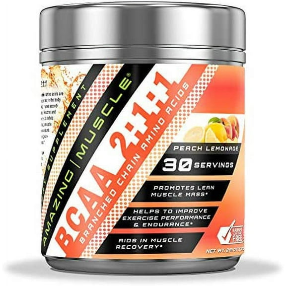 Amazing Muscle BCAA 2:1:1 Branched Chain Amino Acids - 6,000 MG - Promotes Lean Muscles - Supports Swifter Muscle Recovery - Enhances Endurance Levels (Peach Lemonade, 30 Servings)
