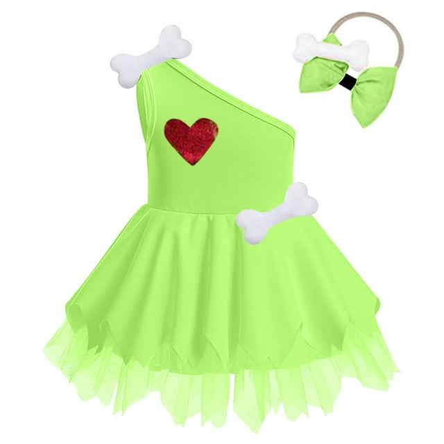 Gibobby Vestido de manga corta con estampado de Navidad Disfraz de las cavernas para niños pequeños, Navidad, huesos de perro, chica de las cavernas histórica (Verde, 12-18 meses)