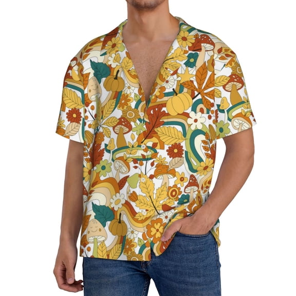 Logiee 70s Groovy Hippie Print Men's Button Down Shirts Short Sleeve, Summer Beach Shirts,Vacation Wedding Shirts,Men's Casual Button-Down Shirts with Pocket-Small
