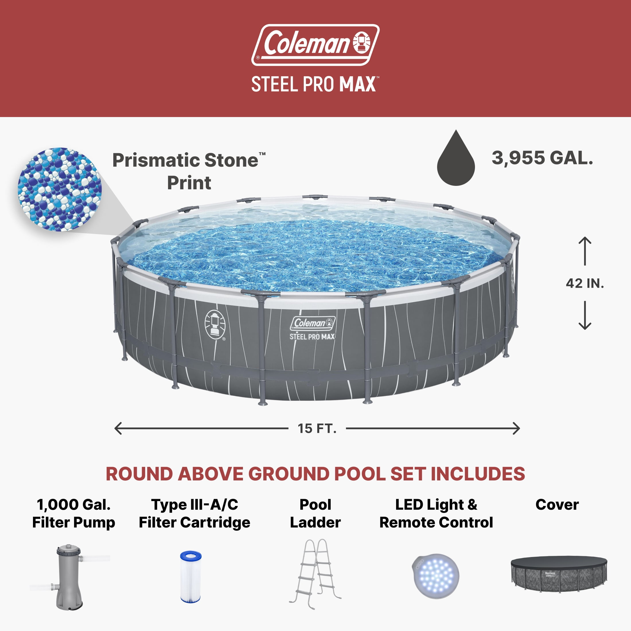 Coleman Steel Pro MAX 15' x 42" Round Above Ground Pool Set with LED Light