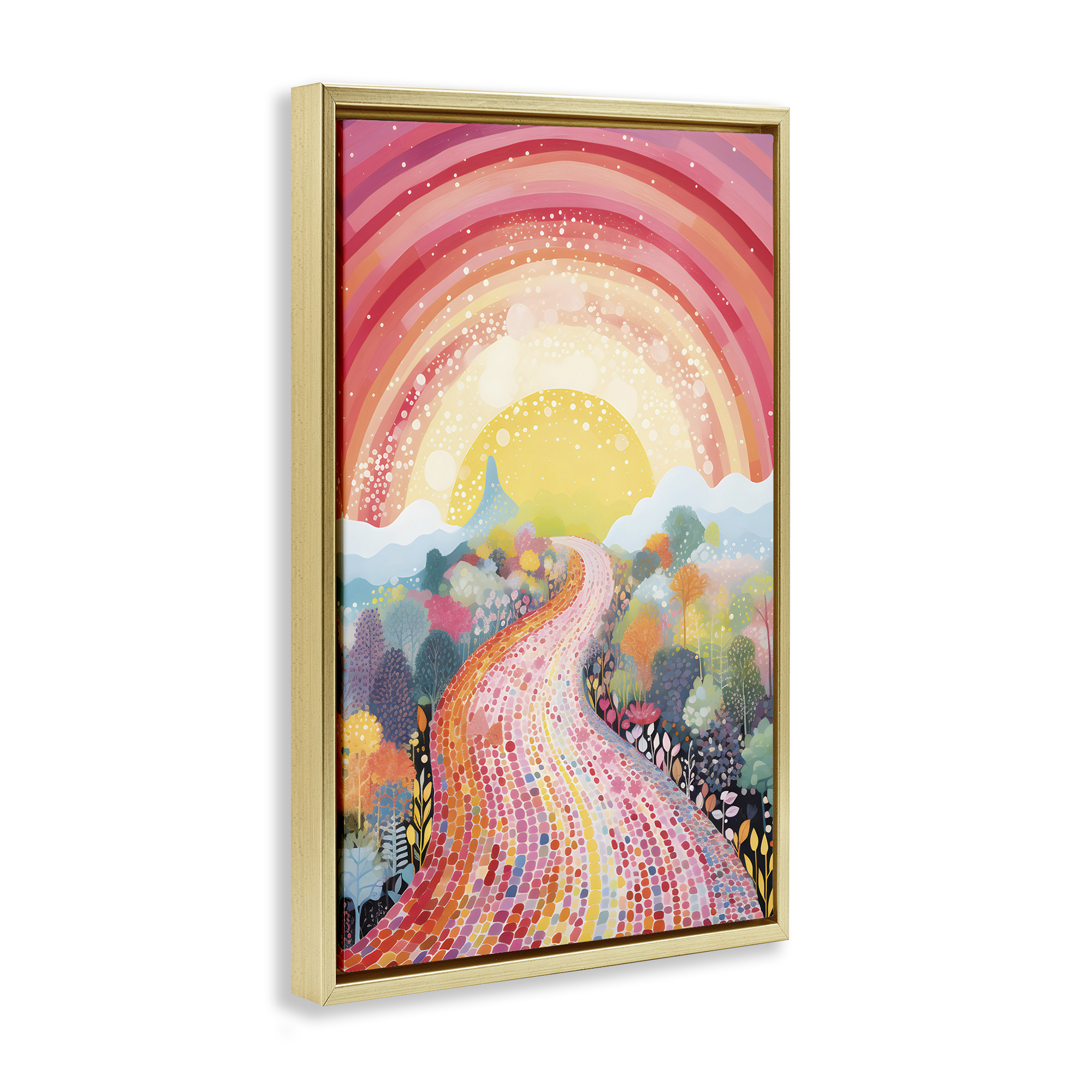 Stupell Industries Pink Brick Road Journey Landscape Painting Gold Floater Framed Art Print Wall Art, 21 x 31
