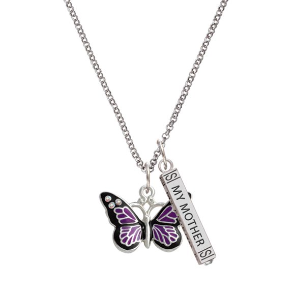 Delight Jewelry Silvertone Large Purple Butterfly with 6 AB Crystals Silvertone Always My Mother Bar Charm Necklace, 23"