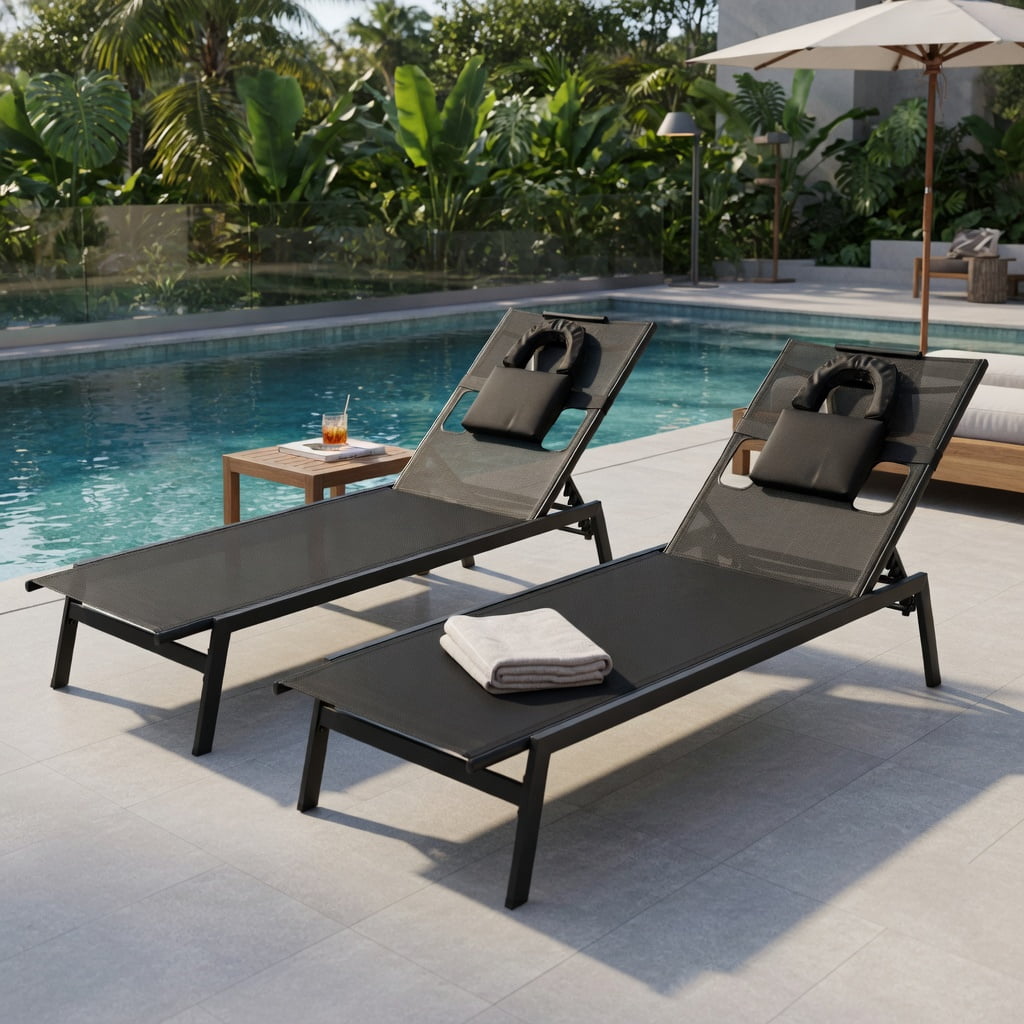 Hommoo 5-Position Adjustable Sun Lounger Chair for Patio, Poolside & Backyard, Metal Tanning Chaise with Headrest & U-Shaped Pillow, Black