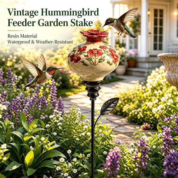 Vintage Hummingbird Feeder Garden Stake - Resin Outdoor Bird Feeder for Patio Balcony Yard, Weather Resistant Decor for Borders and Large Planters