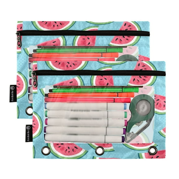 Ckdifva Watermelon Pencil Pouch 3 Ring Zipper Pencil Case Binder Pockets Clear Top Cosmetic Bag 2 Pack