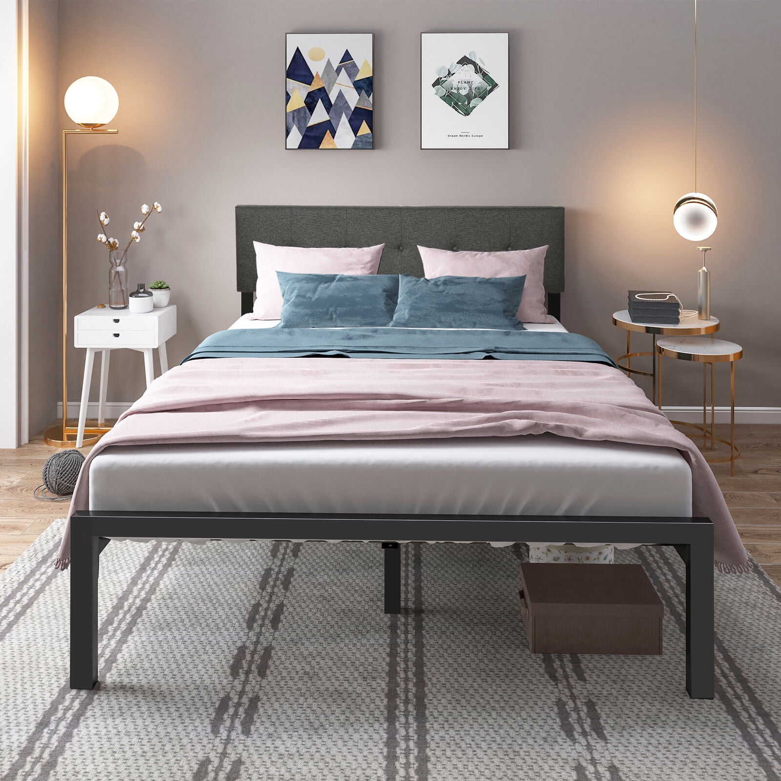 Dextrus Queen Upholstered Platform Bed Frame with Adjustable Headboard, No Box Spring Needed