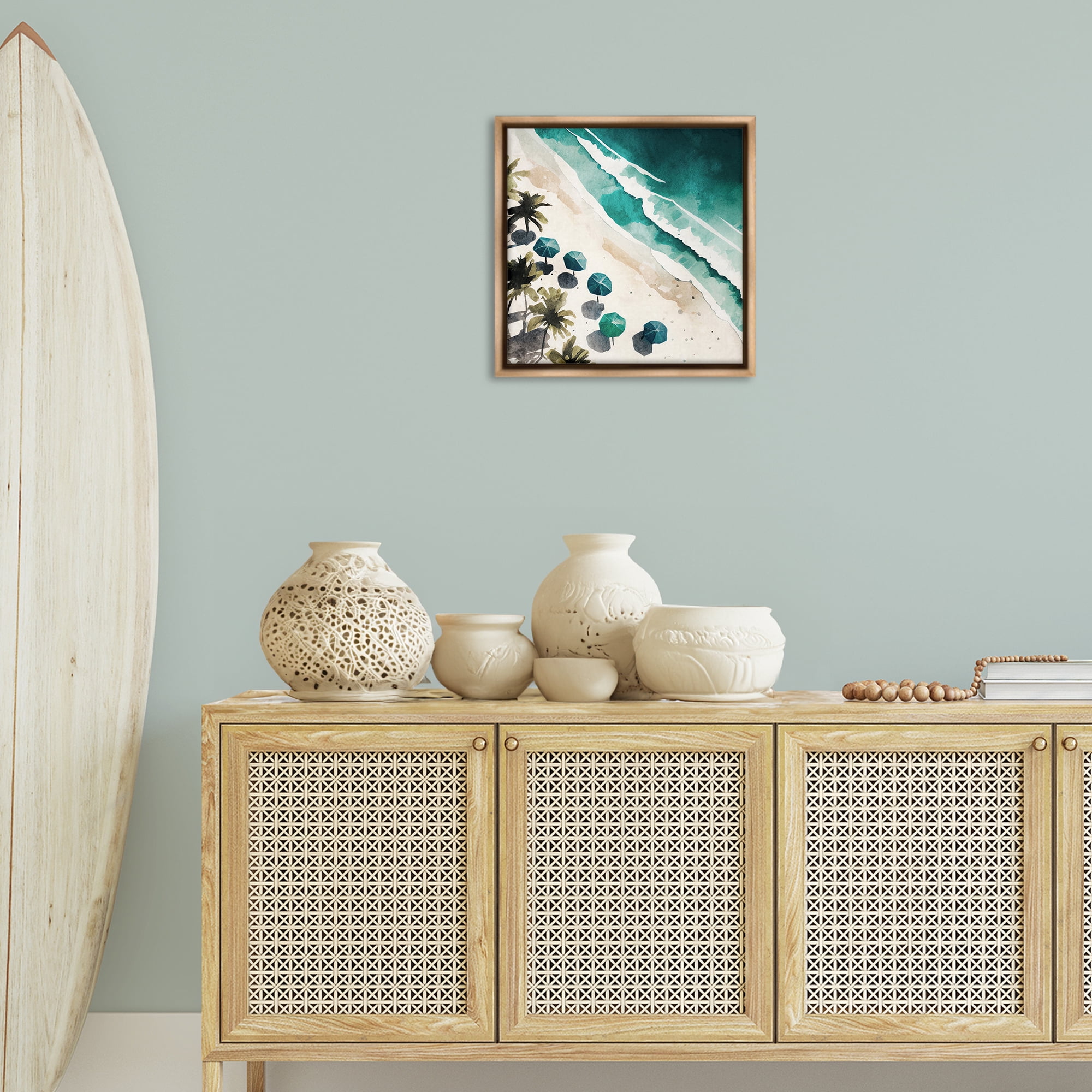 Stupell Industries Umbrella Lined Coast Nautical & Beach Painting Brown Floater Framed Canvas Art Print Wall Art, 18 x 18