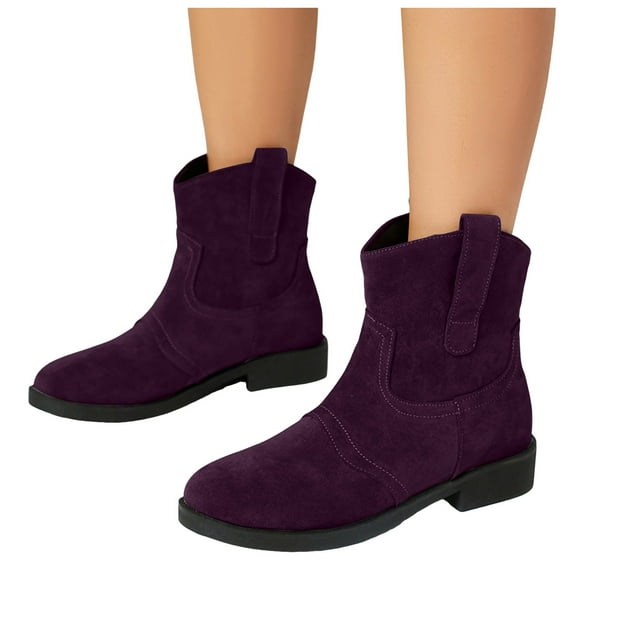 Bottines pour Femmes 2025 Mode Simples Décontractées en Suède à Talon Bas Mollet Grand à Enfiler Bottines Courtes Style Cowgirl