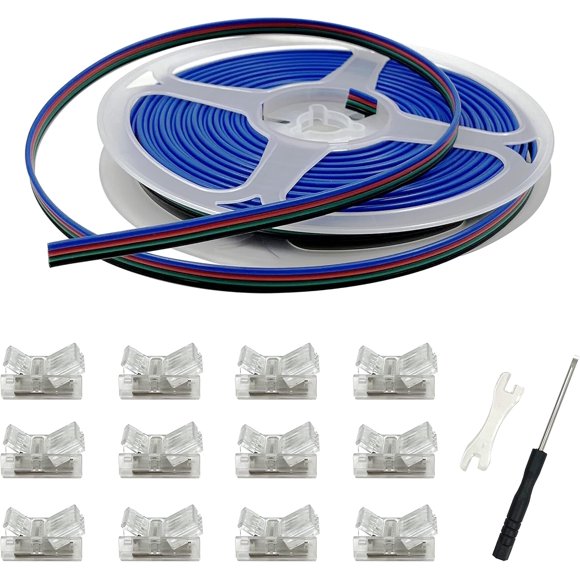 czcpp-12 Pack Led Strip Light Connectors 4 Pin, Led Strip to Wire Solderless Transparent Track Lighting Adapter Connection with 6M/19.68ft Led Wire Extension Cable for RGB 5050 Led Tape 12/24V