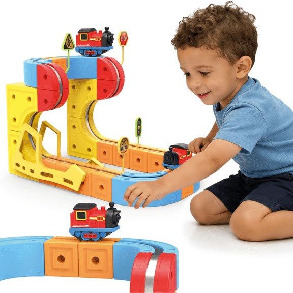Ensemble de 66 Pcs de Train Électrique Magnétique avec Piste Cube Magique 3D - Pistes de Voitures de Course à Construire pour Enfants de 4 à 8 Ans, Cadeau d'Apprentissage STIM