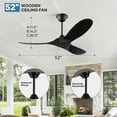 thumbnail image 3 of 52 inch Black Ceiling Fan No Light with Remote, 3 Wood Blades, Modern Low Profile Indoor Outdoor Ceiling Fans for Patios Bedroom, 3 of 10