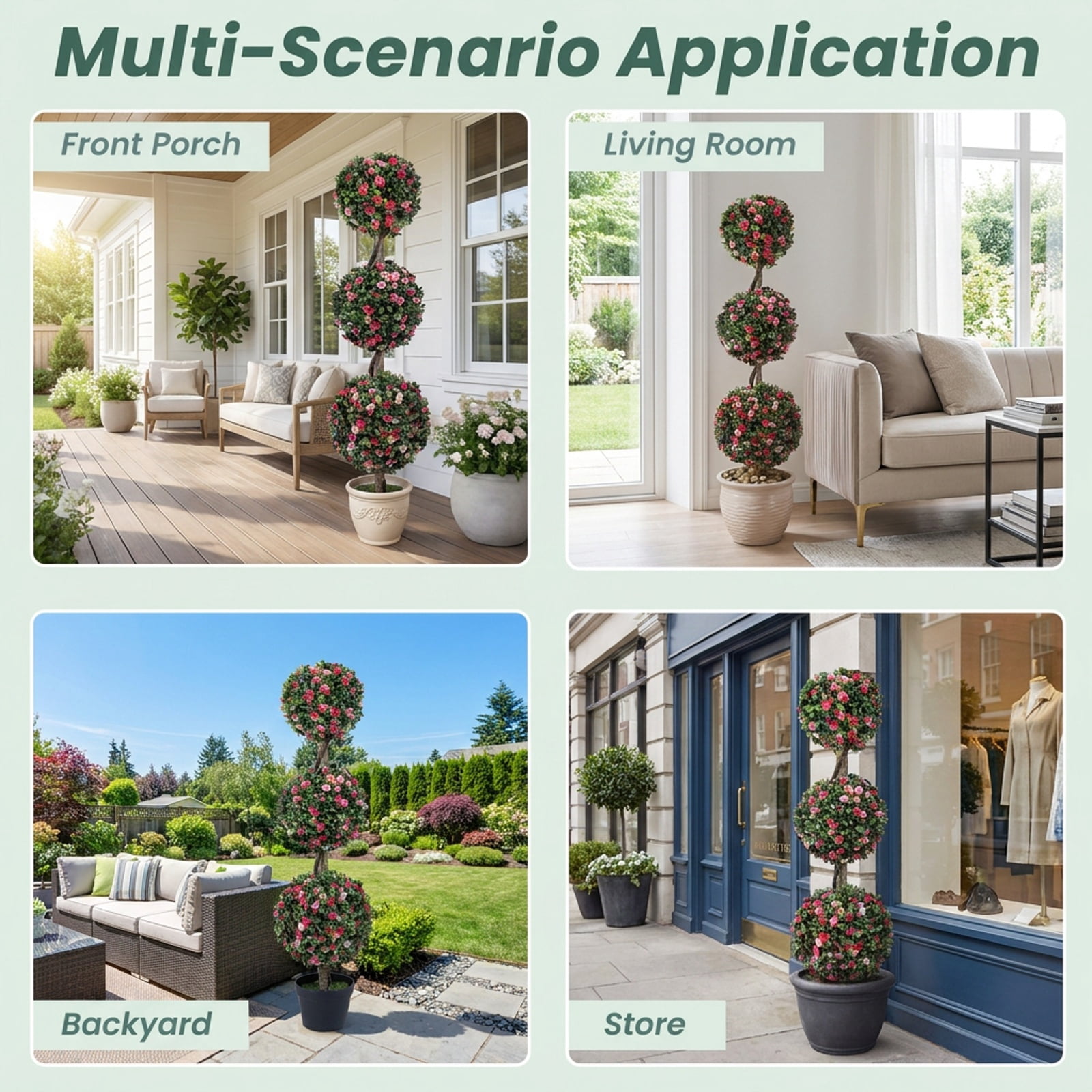 Vebreda Artificial Plant Decor, 43.5" Artificial Triple Ball Rose Topiary Tree with Lifelike Blooms and Green Leaves, Multi-Scenario Applications