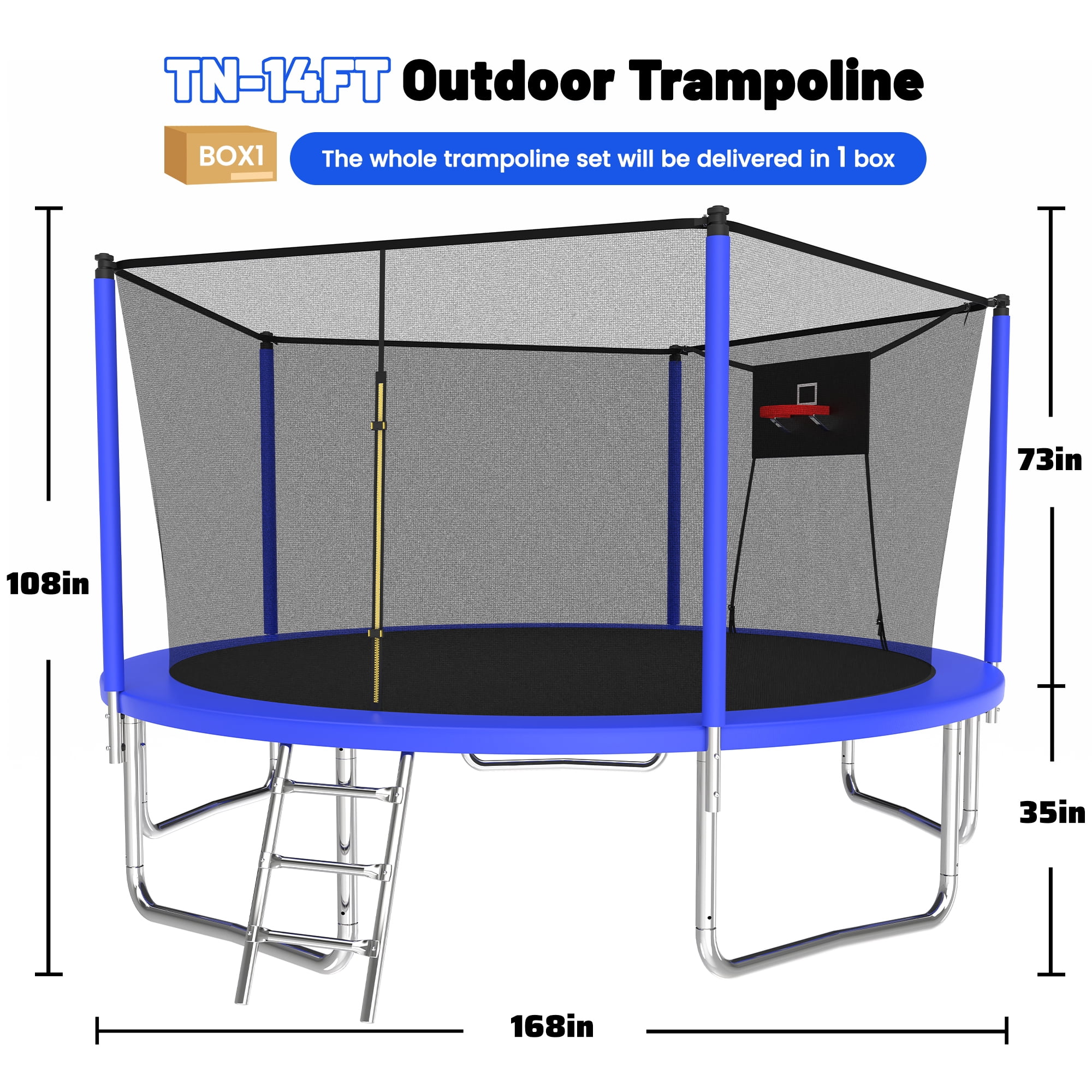 Leumius 14ft Trampoline with Basketball Hoop,Outdoor Trampoline with with Enclosure Net,Heavy-Duty Backyard Trampoline for Adults and Kids,Blue