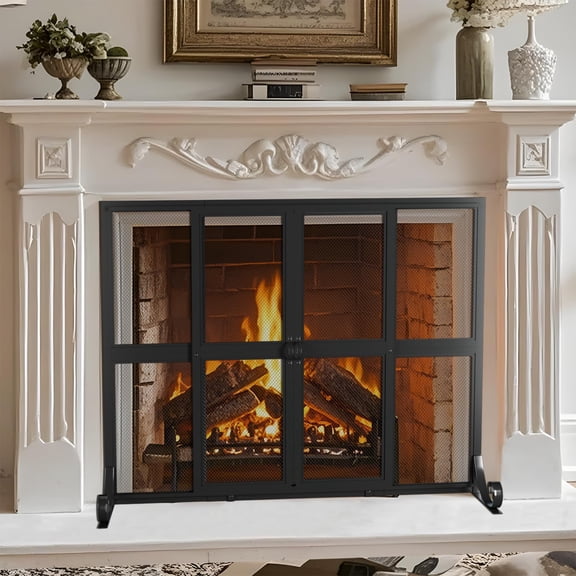 Heavy‑Duty Wrought‑Iron Fireplace Screen, Panel‑Style Spark Guard Cover with Sliding Doors, Decorative Protective Fire Screen for Indoor Wood‑Burning Fireplaces