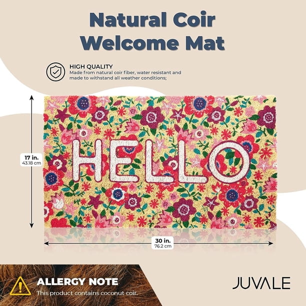 Hello Floral Welcome Doormat - Natural Coir For Front Door Entrance