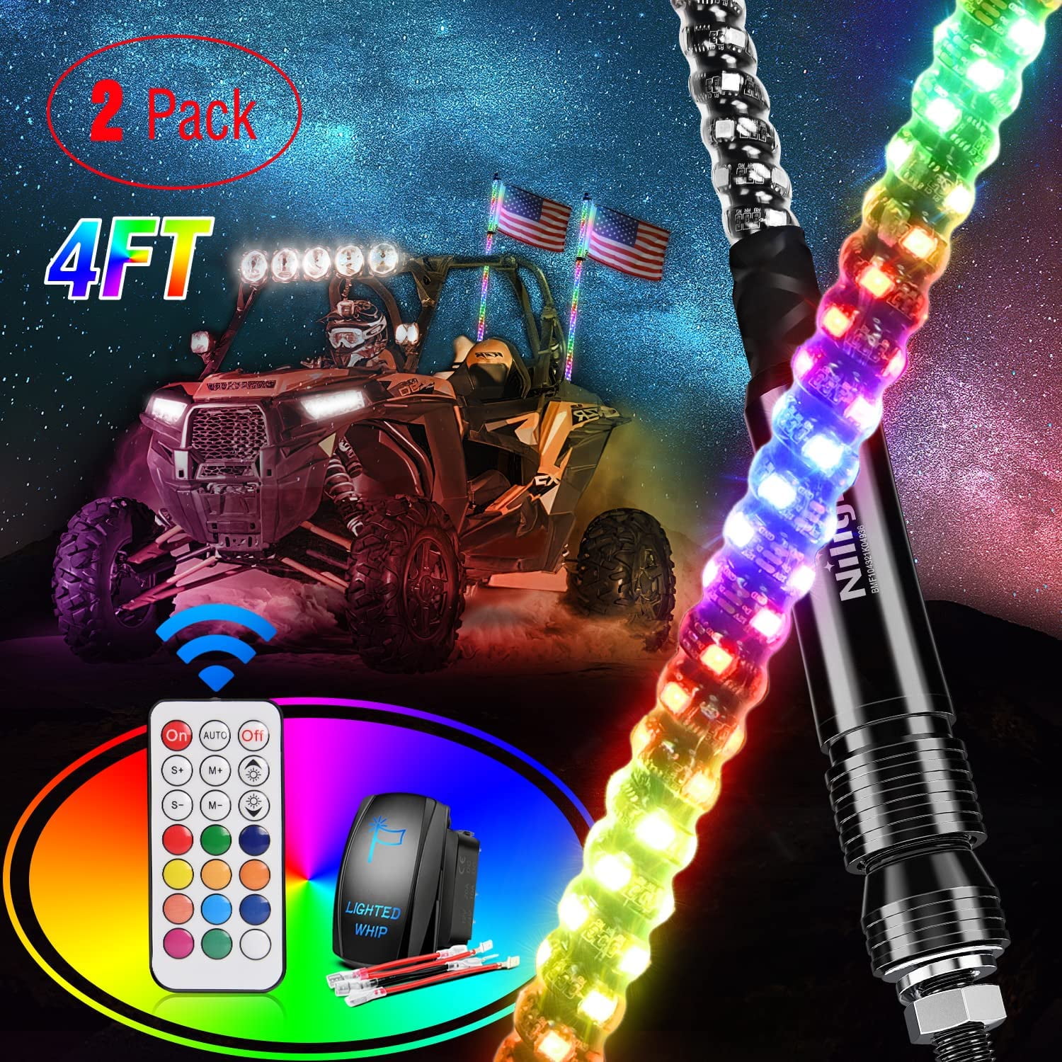 2x 4FT RGB Lighted Antenna LED Whips Lights Bluetooth Ctrl For Buggy ATV RZR UTV
