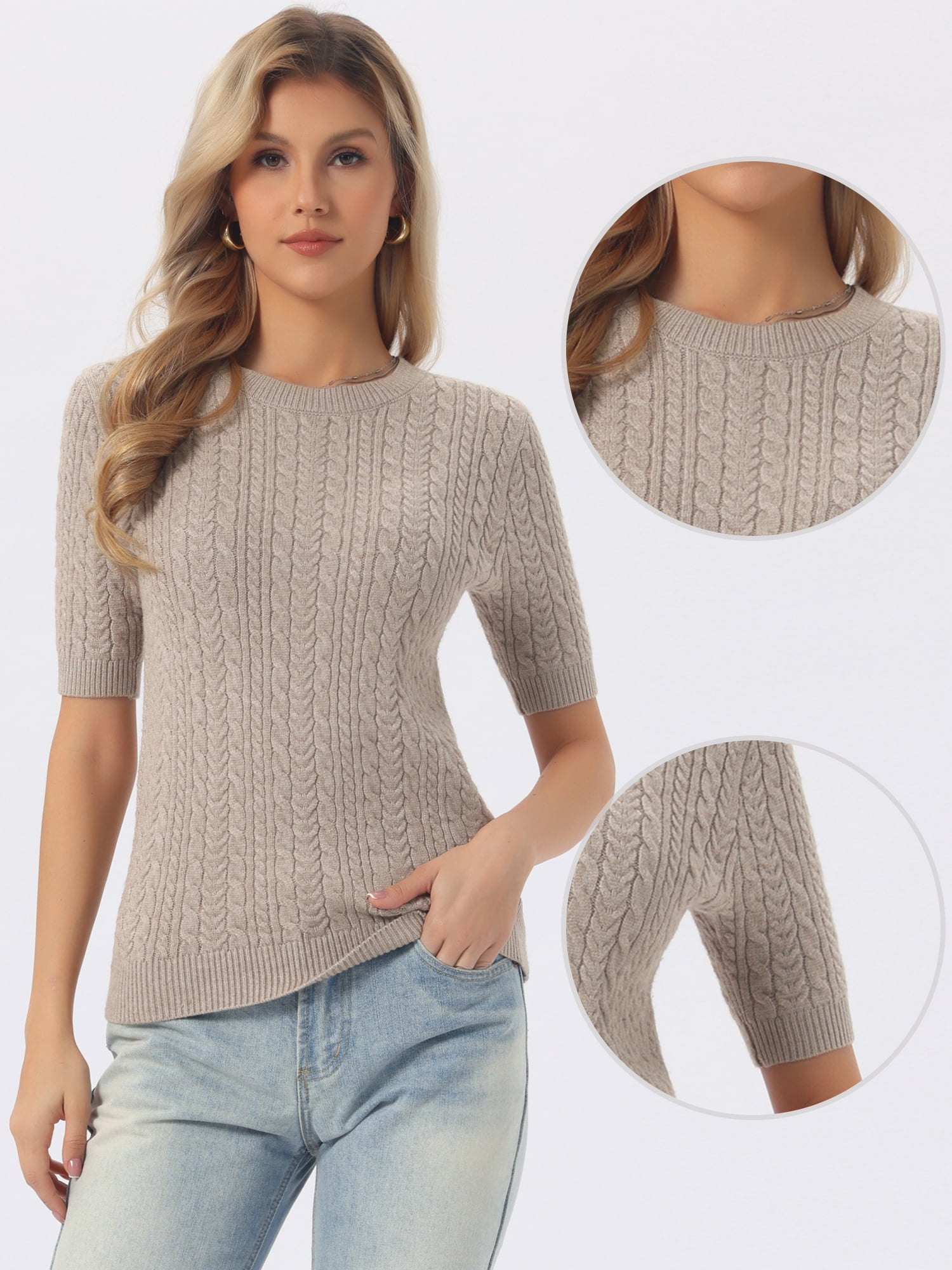 DARING DIVA Women's Lightweight Short Sleeve Sweater L Camel