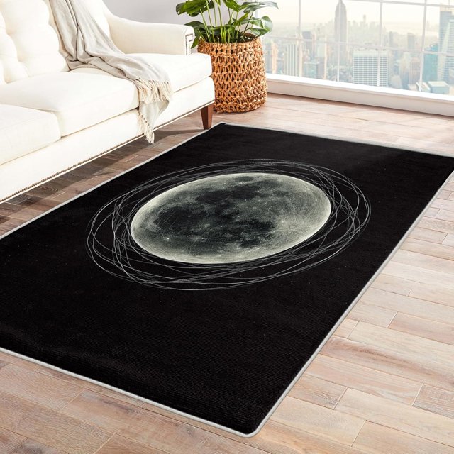 Moon Rugs for Living Room Bedroom Entryway - Aesthetic Rug 2x3 - Black Carpet for Home Decor - Washable Non Slip Patterned Indoor Small Area Rug - Soft & Low Pile (ZJ&393)