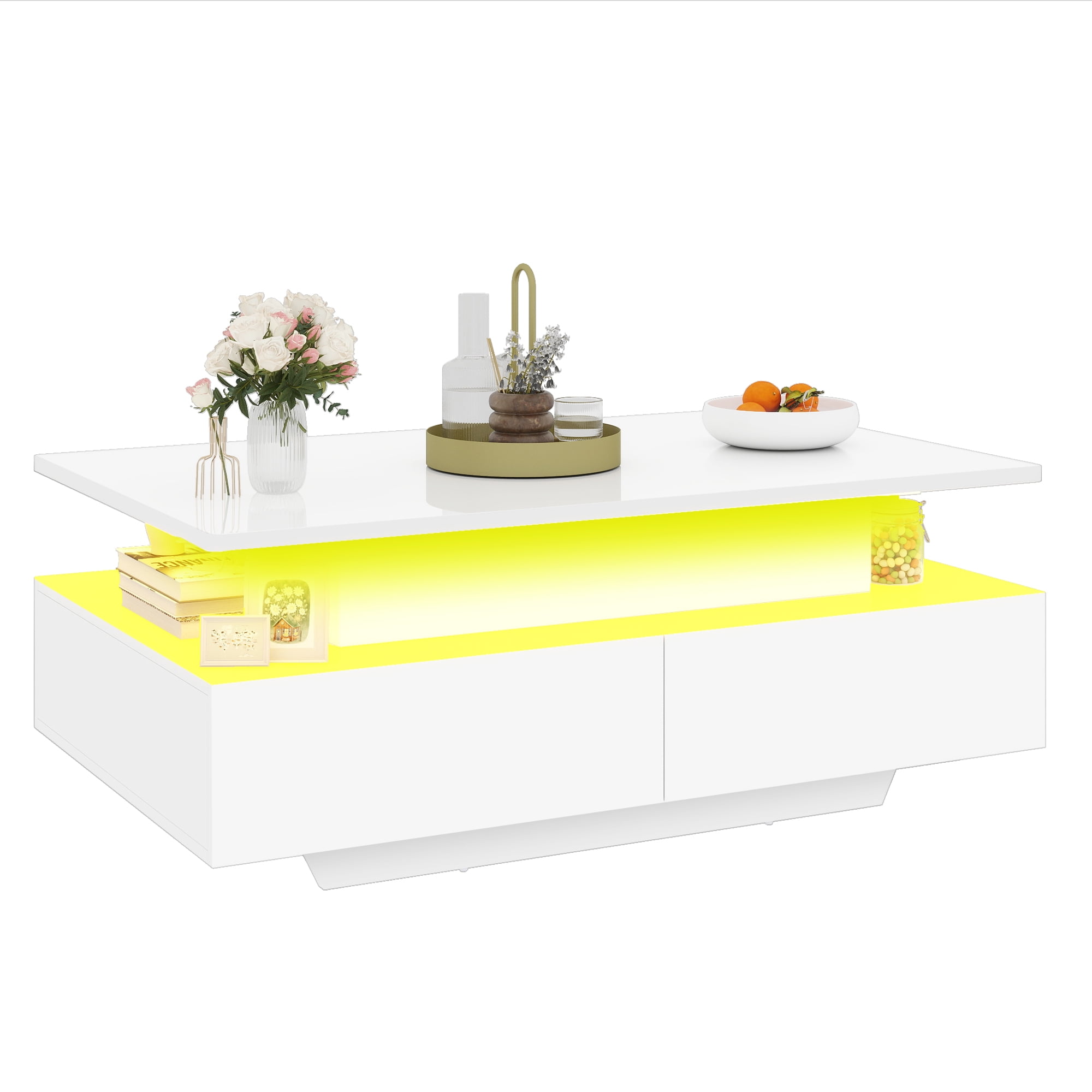 Uforic LED Lift Top Coffee Table with 4 Drawers and Hidden Storage, Modern White Finish