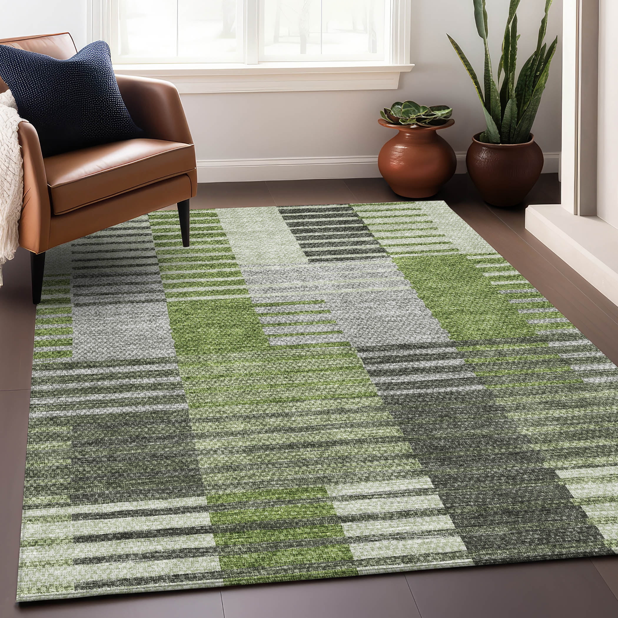 Addison Rugs Mayfield Washable Transitional Striped Green Rectangle Rug, 8' x 10'