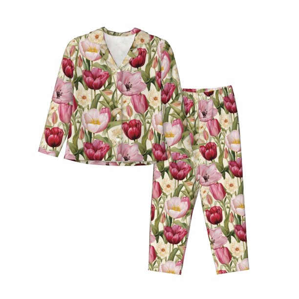 Fotbe Tulips Flowers Conjunto de Pijama de Manga Larga para Mujer con Estampado, Ropa de Dormir de 2 Piezas, Conjunto de Casa Suave y Cómodo con Bolsillos-Small