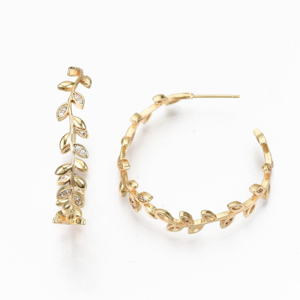 Brass Micro Pave Clear Cubic Zirconia Half Hoop Earrings Stud Earring Leaf Nickel Free Real 18K golden Plated 37x37x7mm Pin: 0.7mm