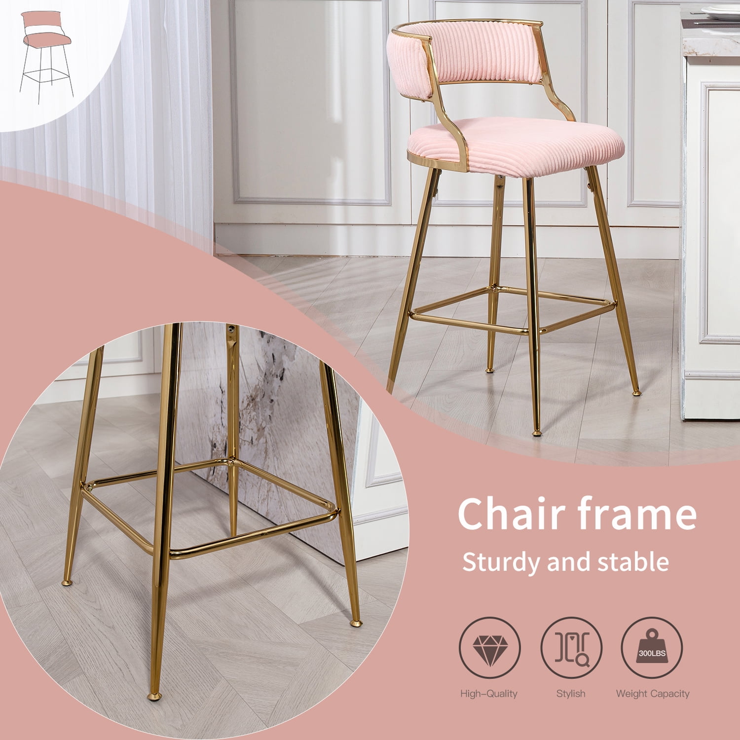 Peispie 25" Counter Height Bar Stools Set of 2, Modern Corduroy Barstools with Low Back and Gold Metal Legs, Padded Kitchen Island Chairs with Footrest for Home Bar, Pink