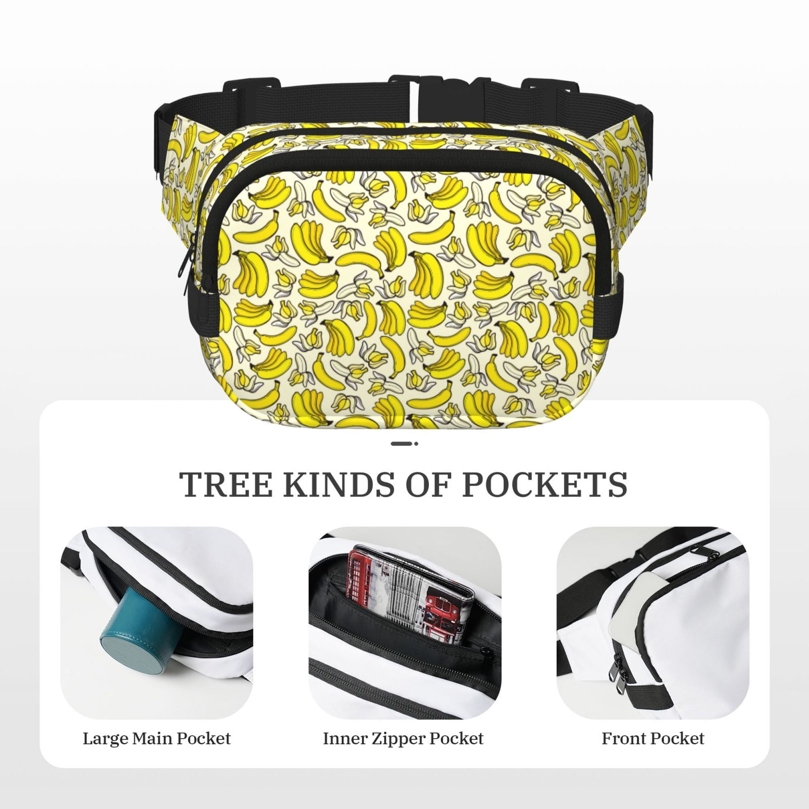 Fuzoiu Banana Print Unisex Square Double Layer Waist Bag,Crossbody Fanny Pack Travel Workout Accessory