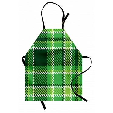 Checkered Apron Old Fashioned Irish British Tile Mosaic in Vibrant Green Colors, Unisex Kitchen Bib Apron with Adjustable Neck for Cooking Baking Gardening, Emerald Lime Green White, by Ambesonne