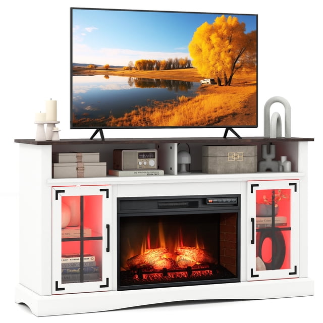 Gymax Meuble Télé avec Foyer, Télécommandes et Thermostat, Armoires de Rangement, Blanc