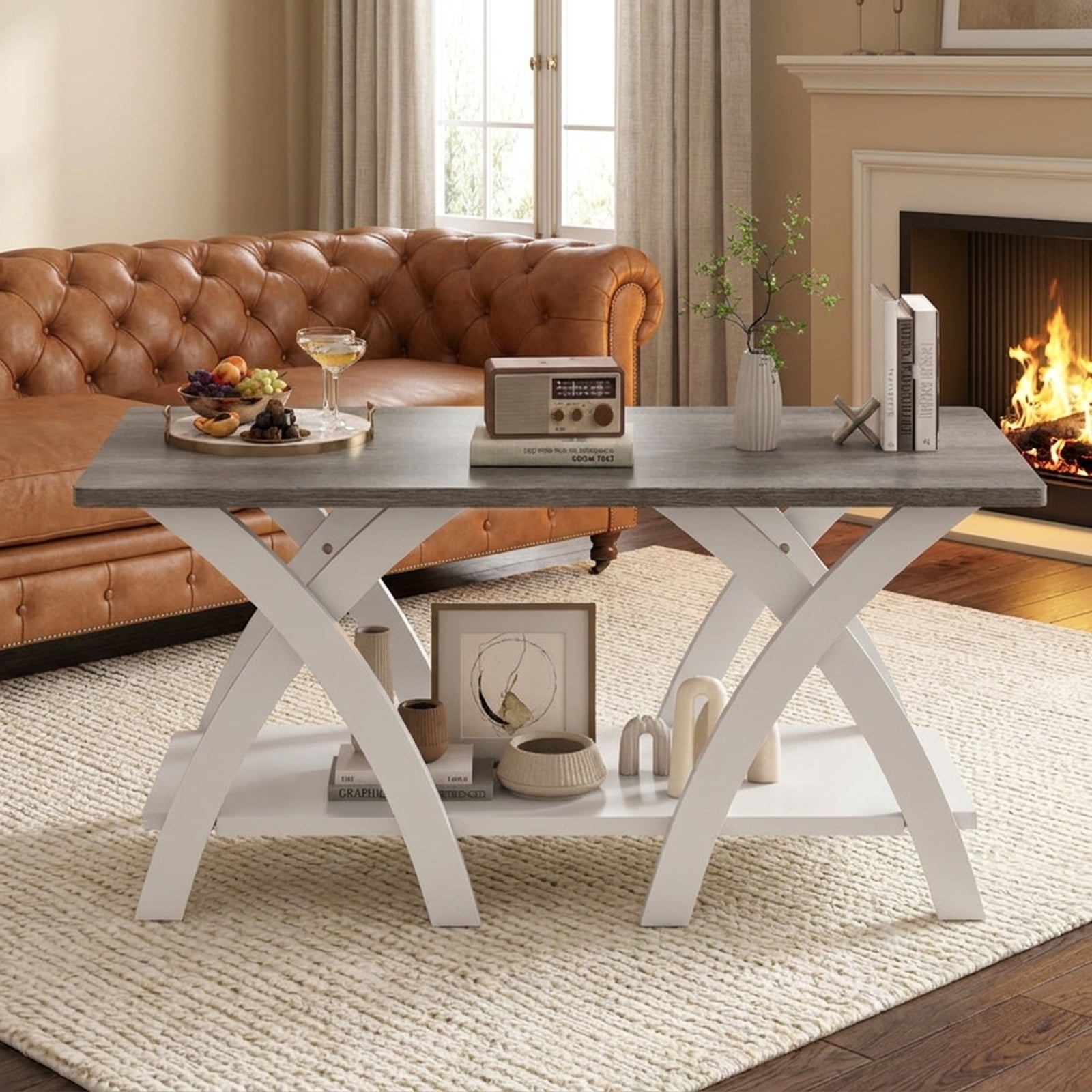 Furnibear 40 Inch Farmhouse Wooden Coffee Table with Storage Shelf with X-shaped Legs - Gray - Living Room Cocktail Center Table