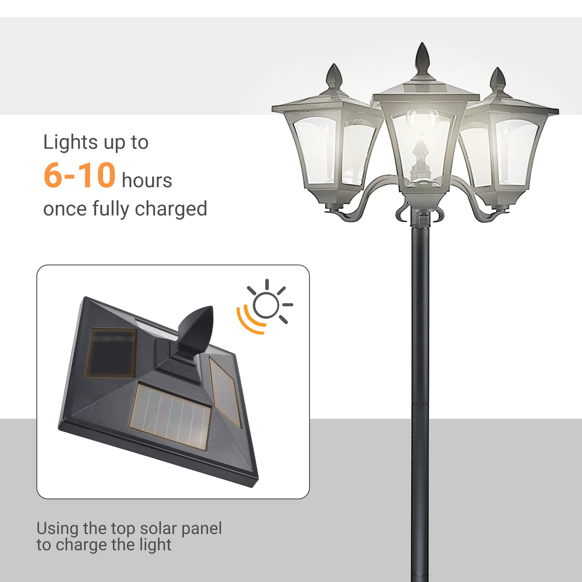 Outsunny 72" Solar Lamp Post, Triple-Head Street Light, All-Weather Waterproof Stainless Steel, Vintage Style for Garden, Lawn, Pathway, Driveway, Black